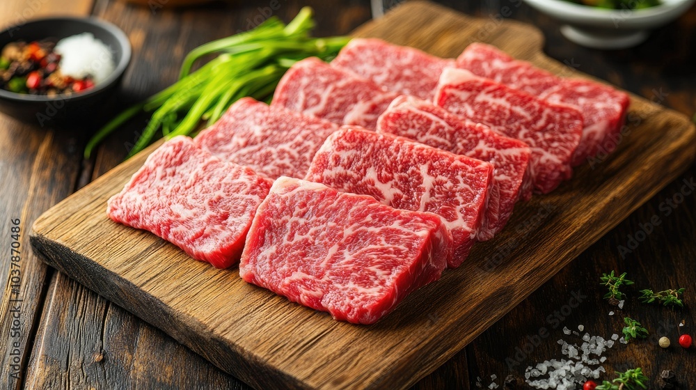 Fresh Marbled Beef Cuts on a Wooden Board Fresh Marbled Beef Cuts on a Wooden Board