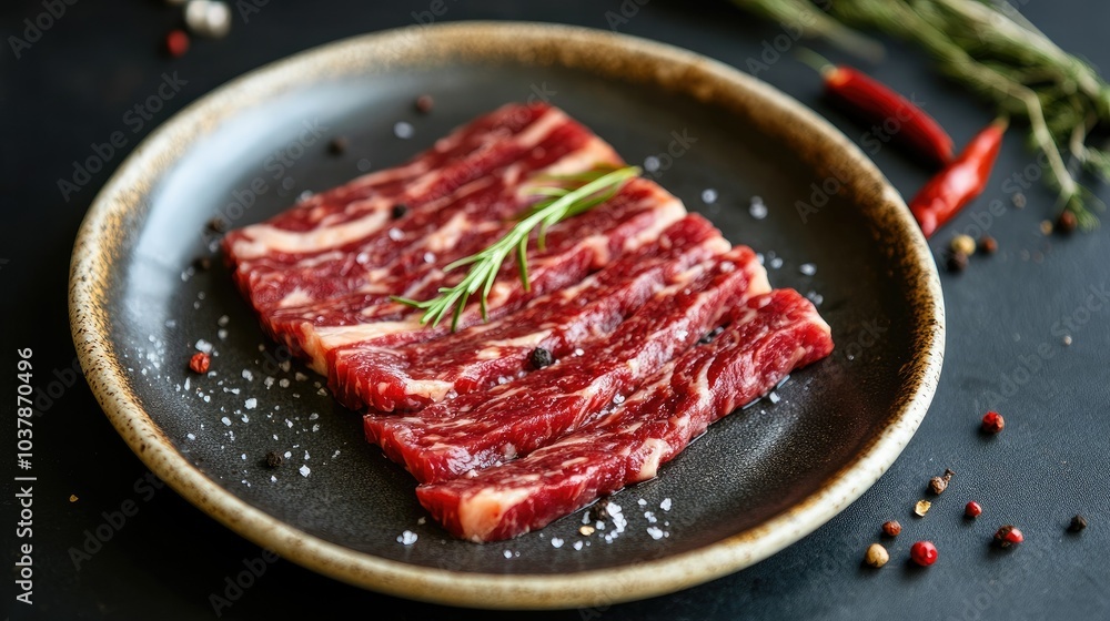 Fresh Raw Meat with Spices and Herbs on Plate Fresh Raw Meat with Spices and Herbs on Plate