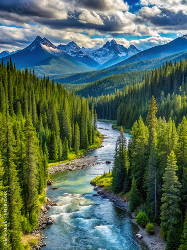 river in the mountains. lake, mountain, forest, nature, water, landscape, mountains, reflection, sky, trees, canada, tree, snow, park, travel, river, clouds, pine, scenic, summer, alberta, green, banf photo