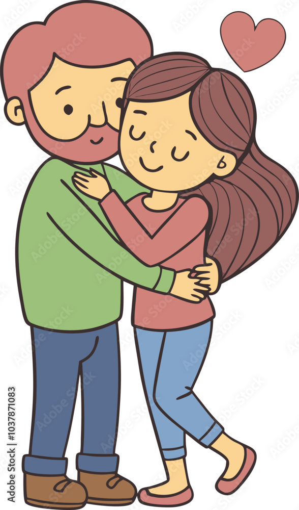 Cute couple embracing with heart in cartoon style illustration Cute couple embracing with heart in cartoon style illustration
