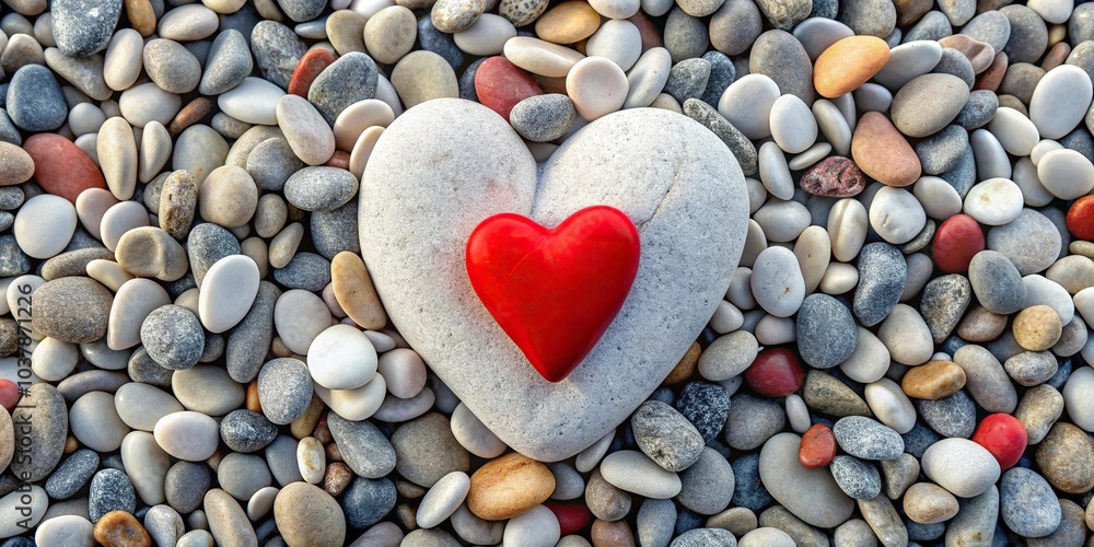 Abstract red and white heart design on gray pebble background Abstract red and white heart design on gray pebble background