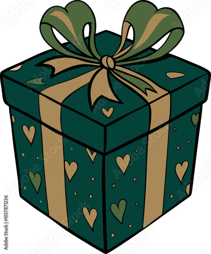 Stylish gift box with green and gold ribbon and heart pattern illustration