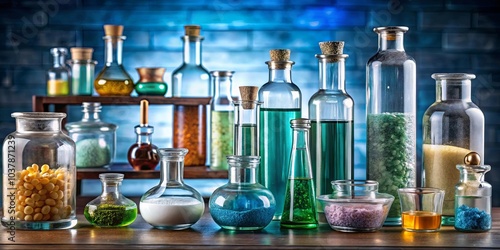 A collection of vintage glass containers filled with various colorful powders, liquids, and solids, showcasing a captivating display of scientific curiosity and ethereal beauty.