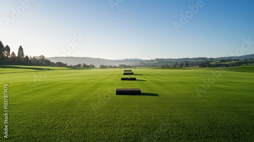 A serene outdoor golf driving range with neatly aligned tee boxes and a distant view of rolling hills, surrounded by lush green grass and clear blue sky, early morning light adding a peaceful touch