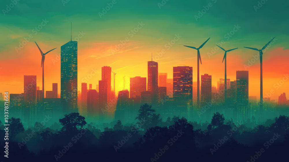 Futuristic city skyline with wind turbines at sunset, showcasing blend of nature and technology. vibrant colors create hopeful atmosphere for sustainable living Futuristic city skyline with wind turbines at sunset, showcasing blend of nature and technology. vibrant colors create hopeful atmosphere for sustainable living