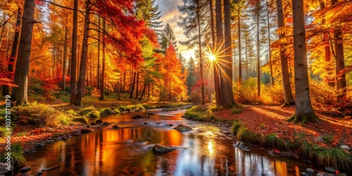 Golden Sunlight Dappling Through a Serene Forest Stream, Autumn Leaves Adorned Trees, Reflecting Vivid Colors in the Tranquil Water