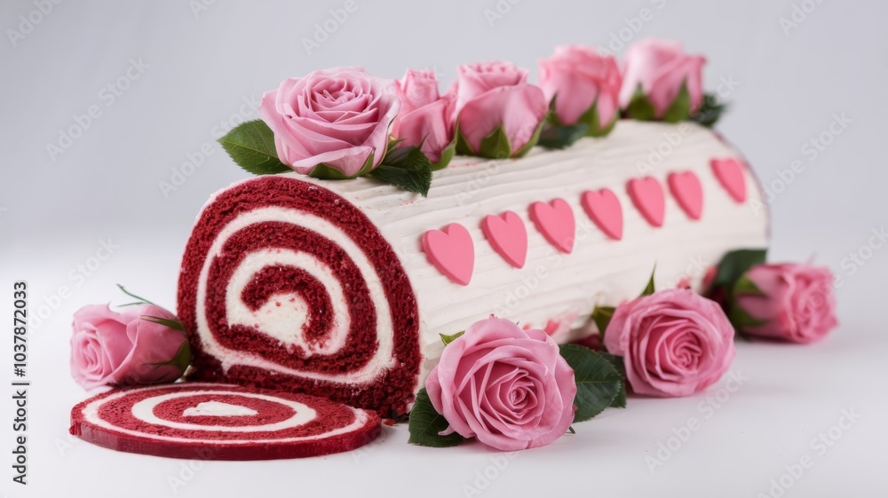 Sliced red velvet cake roll adorned with pink roses and heart decorations, perfect for Valentine’s Sliced red velvet cake roll adorned with pink roses and heart decorations, perfect for Valentine’s