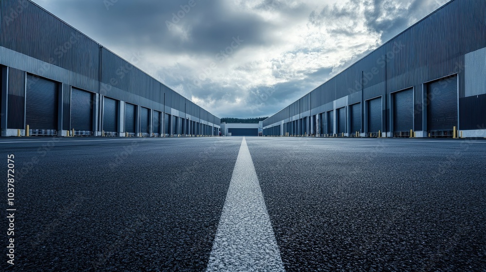 Obraz premium Empty Industrial Area with Storage Units and Clouds