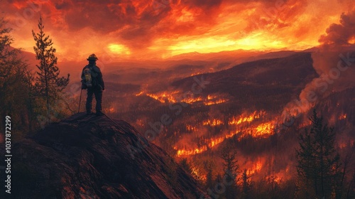 A lone wildfire firefighter standing on a ridge, overlooking a vast forest fire below, the orange glow of flames illuminating the horizon