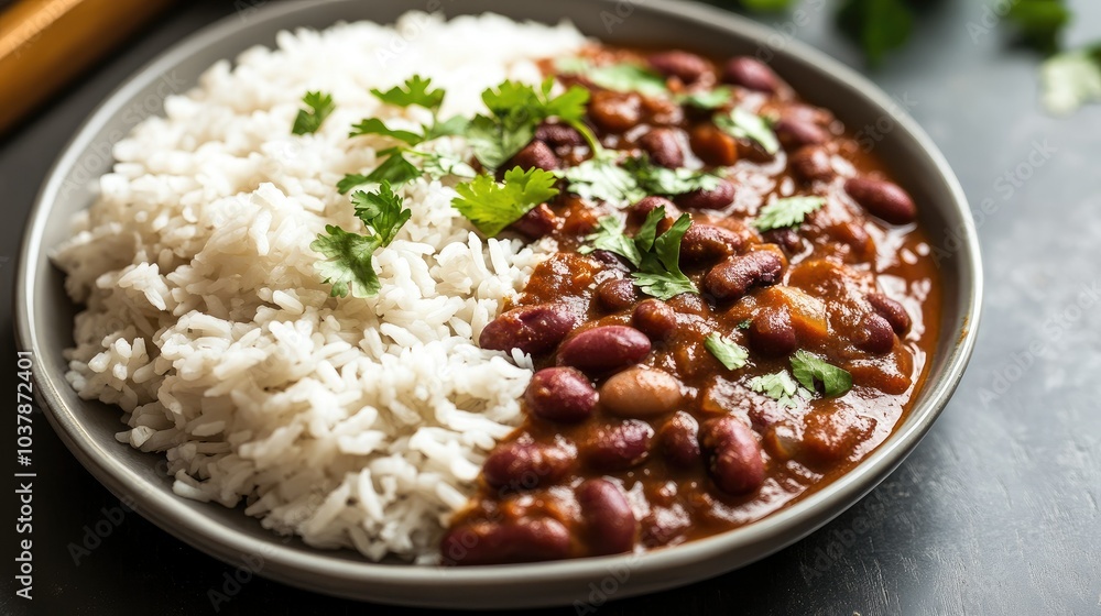 Rice and Beans with Fresh Herbs on Plate Rice and Beans with Fresh Herbs on Plate