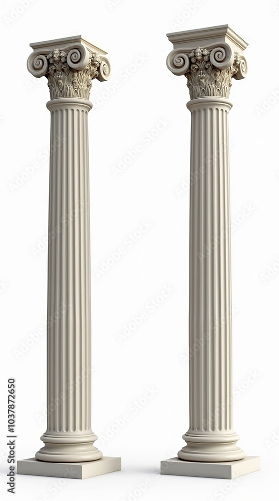 Elegant Greek columns isolated on white background, showcasing classical architecture Elegant Greek columns isolated on white background, showcasing classical architecture