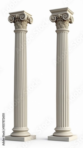 Elegant Greek columns isolated on white background, showcasing classical architecture