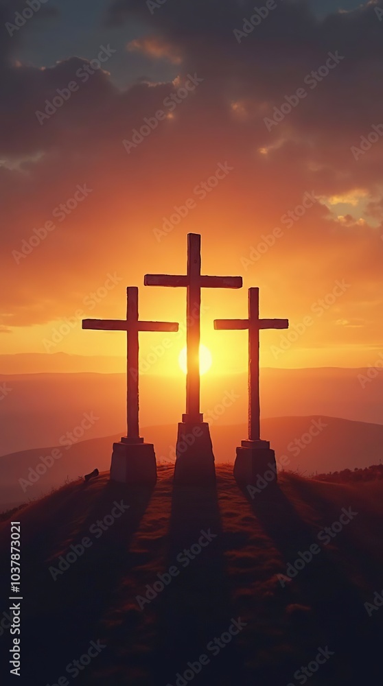 Three crosses at sunset with a glowing sky backdrop