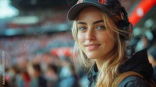 female journalist fervently capturing the thrill of a sports event surrounded by players and an enthusiastic crowd showcasing her dedication and passion for storytelling