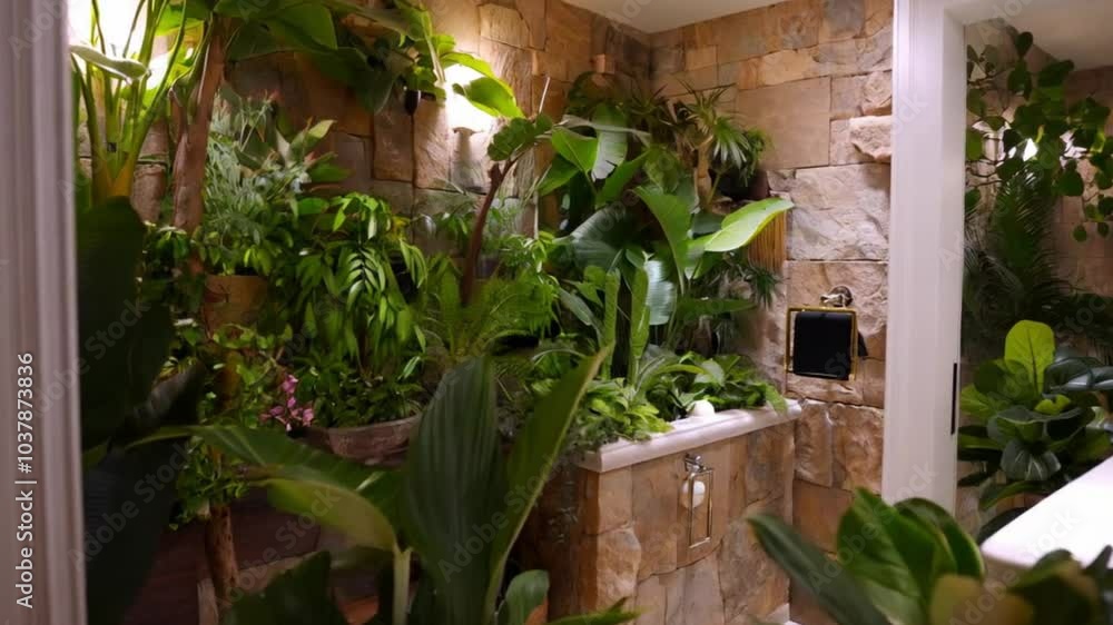 A bathroom filled with indoor plants, natural stone accents, and soft lighting, creating a spa-like atmosphere. A bathroom filled with indoor plants, natural stone accents, and soft lighting, creating a spa-like atmosphere.
