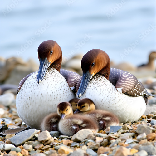 Two gentle female common eider ducks, their soft feathers glistening, sit vigilantly on a rocky shoreline, protecting their sleeping brood of adorable chicks. photo