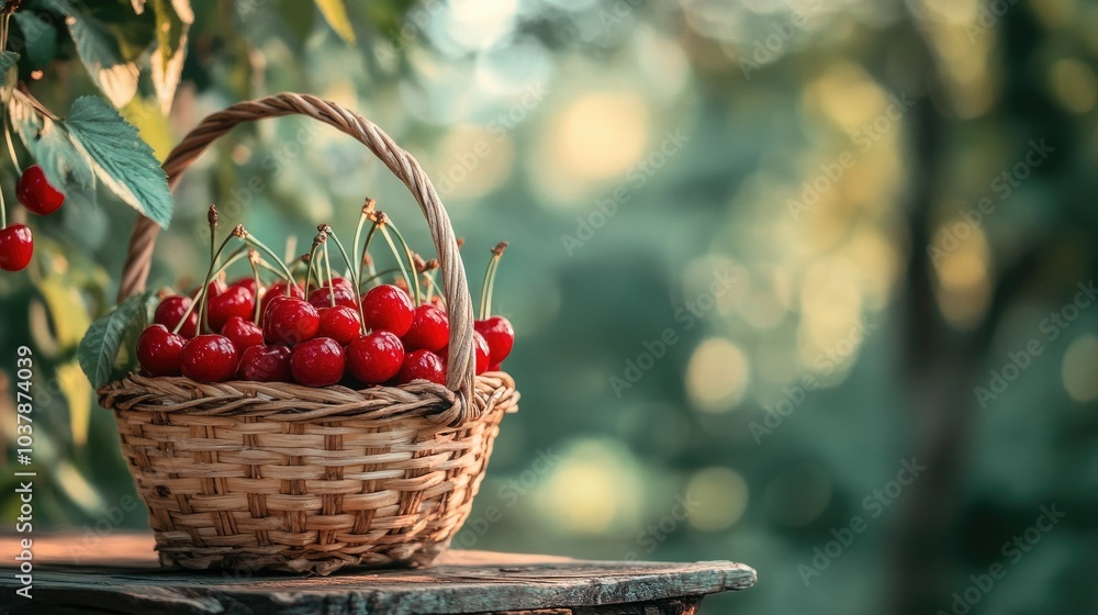 Fresh Red Cherries in a Rustic Basket Fresh Red Cherries in a Rustic Basket