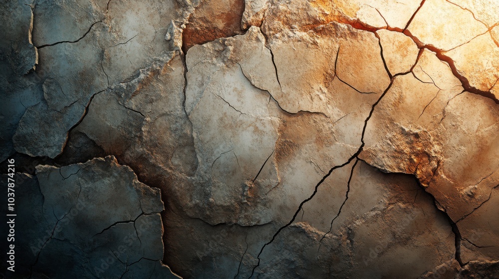 Fototapeta premium The texture of cracked clay emerges with rich brown, beige, and gray tones, where light highlights edges and shadows enhance deep, intricate patterns across the surface. Generative AI