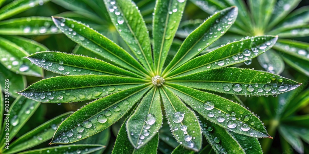 Aerial view of large green lupine leaves covered in dew Aerial view of large green lupine leaves covered in dew