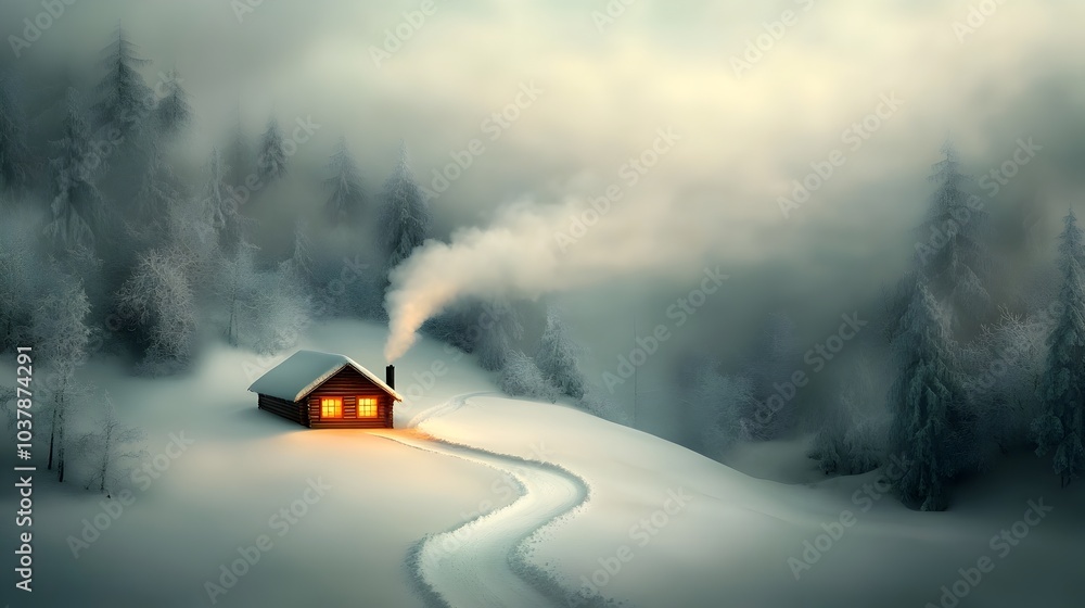 Fototapeta premium Cozy log cabin nestled in a snowy winter forest with a plume of smoke rising from the chimney and a warm glow emanating from the windows creating a magical and picturesque landscape