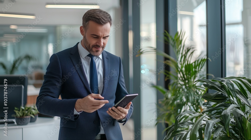 Modern Office Space with Businessman Using Smartphone Modern Office Space with Businessman Using Smartphone