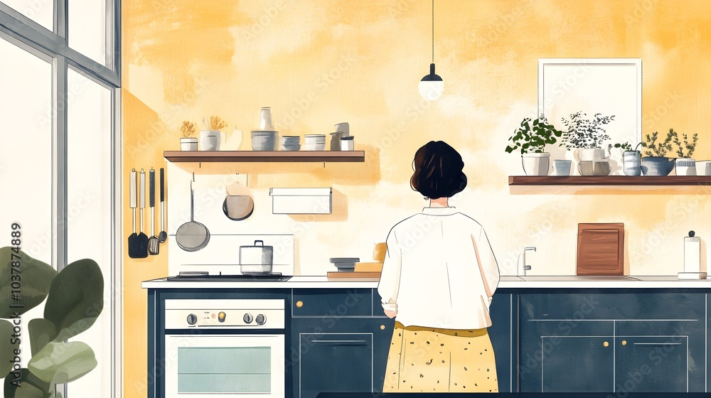 Fototapeta premium Woman Standing in Modern Kitchen with Yellow Walls