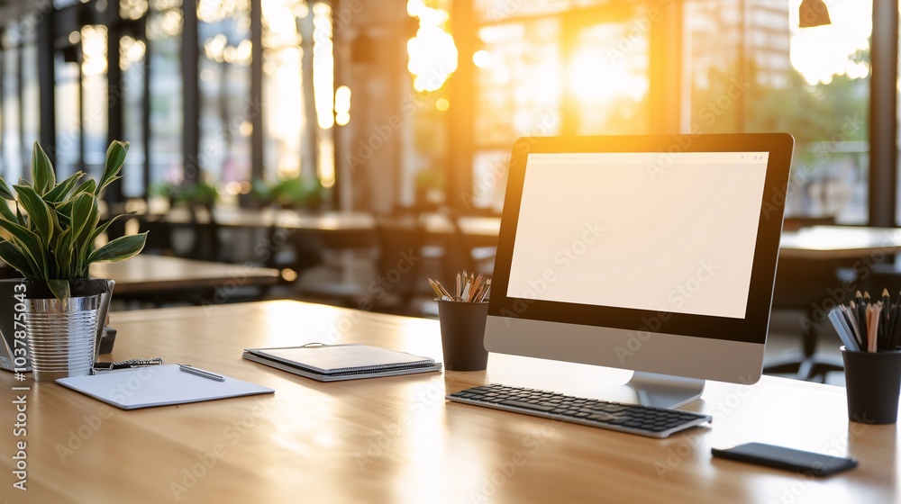 Modern Workspace: Sunlit Office Desk with Blank Screen Desktop Computer Modern Workspace: Sunlit Office Desk with Blank Screen Desktop Computer
