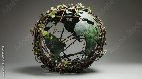 Globe constructed from an intricate arrangement of leaves and twigs, symbolizing nature