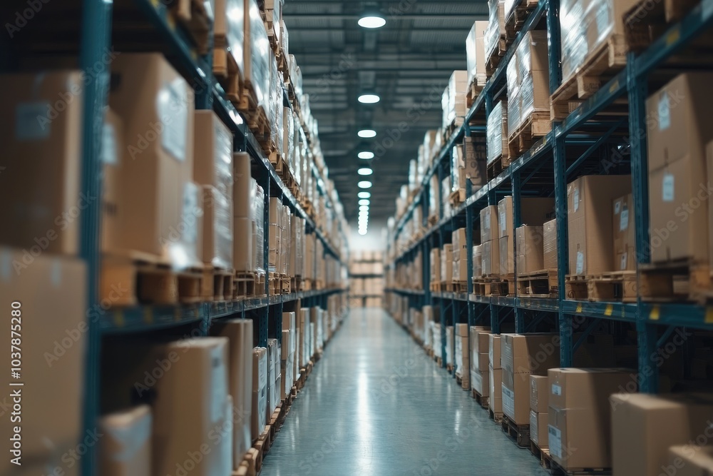 A warehouse with many boxes stacked on shelves A warehouse with many boxes stacked on shelves