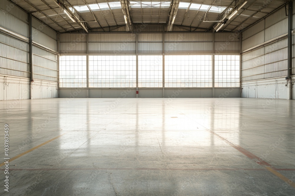 A large empty warehouse with a lot of windows A large empty warehouse with a lot of windows