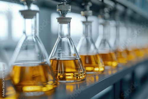 A row of glass vials filled with a yellow liquid