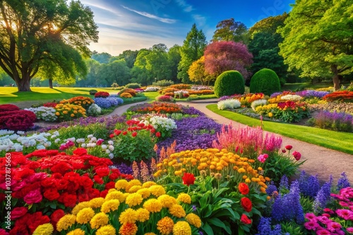 A serene park features a colorful flower bed, celebrating nature’s beauty and peace, enveloped by lush greenery and