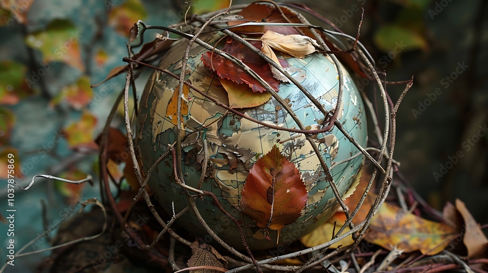 Globe constructed from an intricate arrangement of leaves and twigs, symbolizing nature Globe constructed from an intricate arrangement of leaves and twigs, symbolizing nature