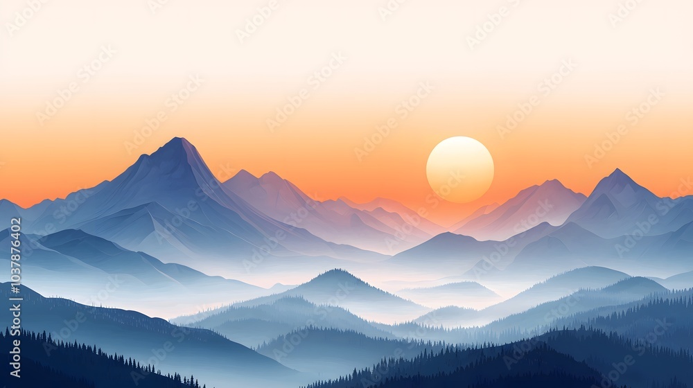 Obraz premium Sunset Over Mountain Range With Fog.