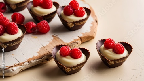 Romantic chocolate heart cups overflowing with smooth pudding and bright raspberries