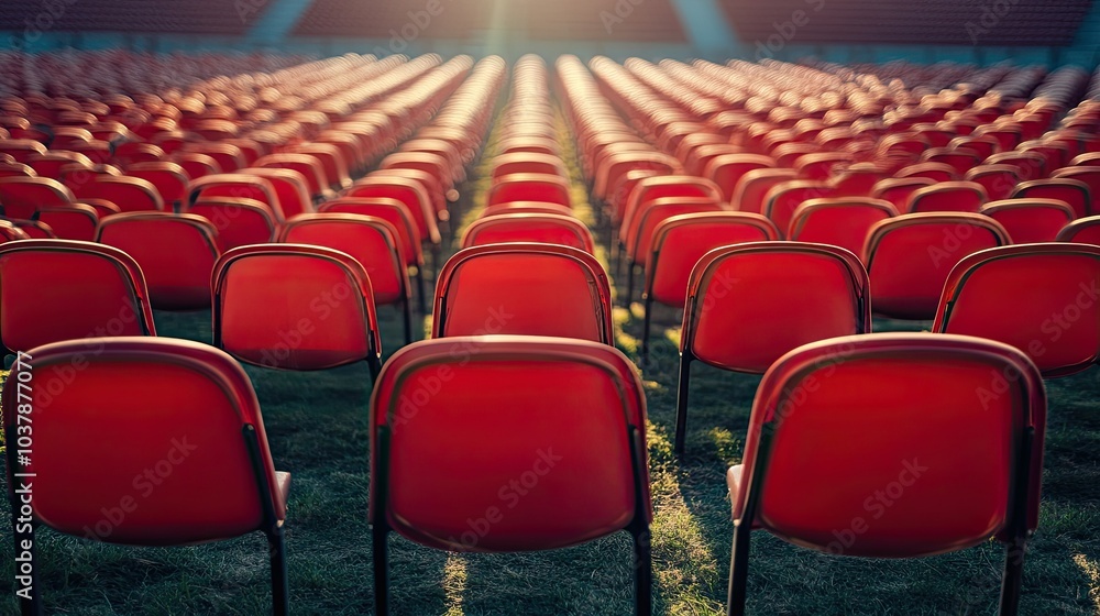 Fototapeta premium Empty Red Chairs in an Outdoor Stadium Setting