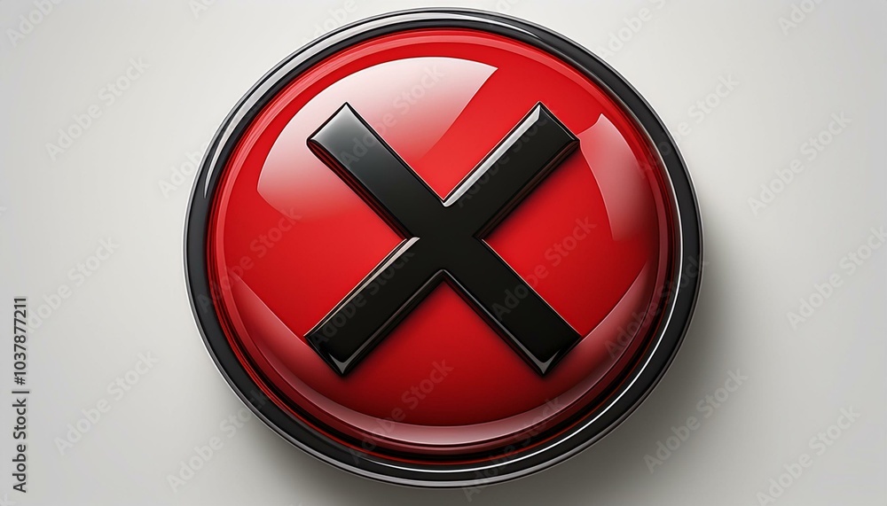 Obraz premium red button with a black cross symbol centered on a clean white background, representing cancellation or error in a sleek, minimalist design