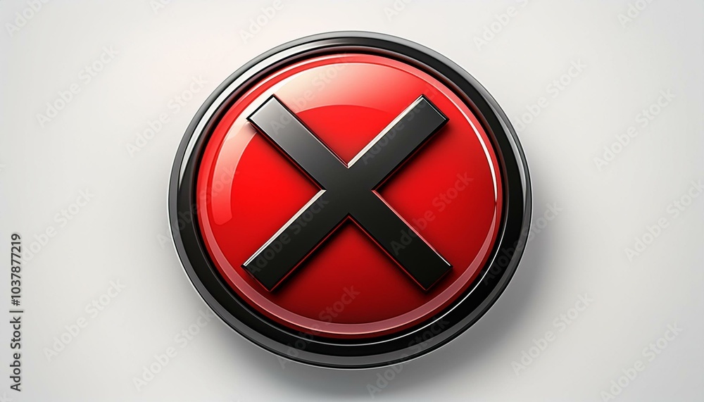 Obraz premium red button with a black cross symbol centered on a clean white background, representing cancellation or error in a sleek, minimalist design