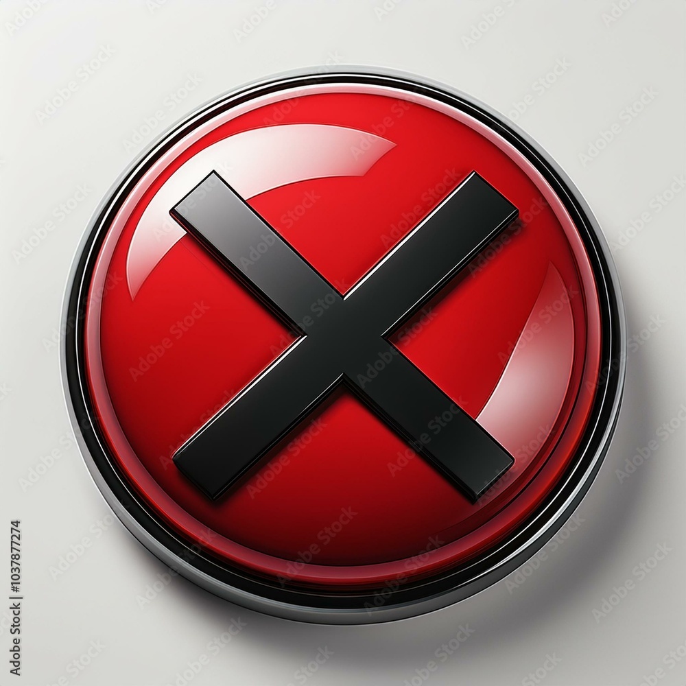 Fototapeta premium red button with a black cross symbol centered on a clean white background, representing cancellation or error in a sleek, minimalist design
