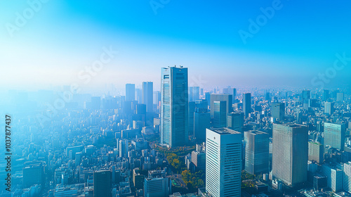 Aerial View of a Modern City Skyline Under a Clear Blue Sky