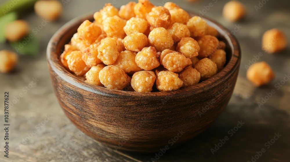 Crispy Snack in Wooden Bowl on Rustic Surface Crispy Snack in Wooden Bowl on Rustic Surface