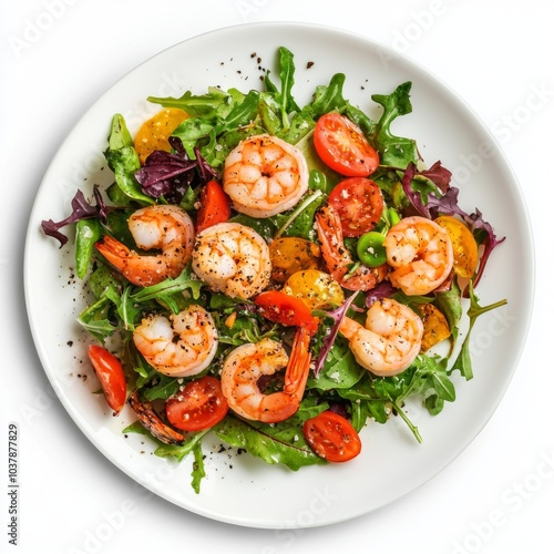 Salad with shrimps in a white plate