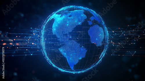 Bright blue globe hologram and lines on blurred dark background. Metaverse, digital world and network concept. created with Generative AI technology