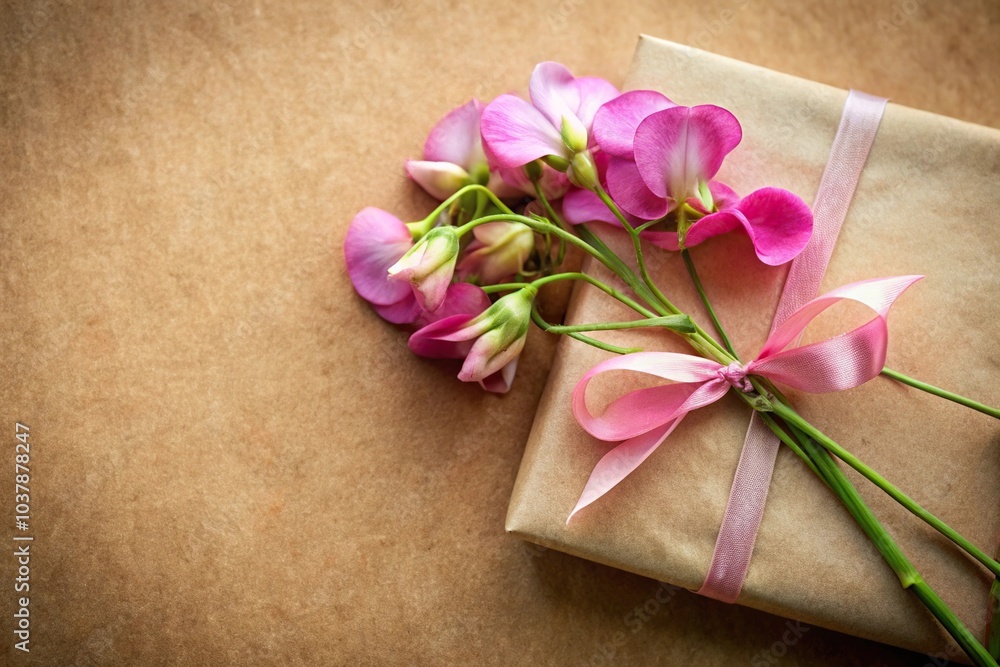Charming bouquet of sweet pea flowers in brown paper with pink ribbon bow Charming bouquet of sweet pea flowers in brown paper with pink ribbon bow