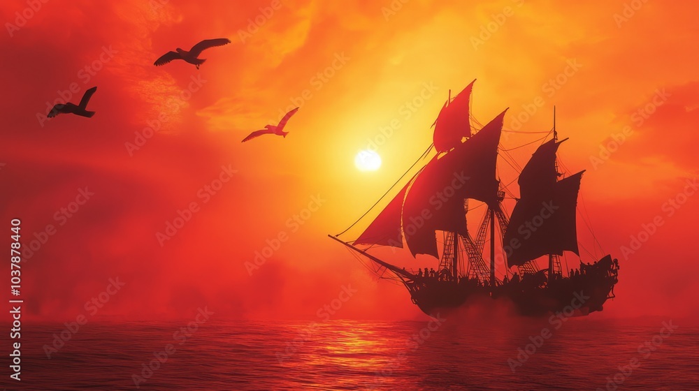 Naklejka premium Majestic Pirate Ship Silhouetted Against Fiery Sunset with Busy Crew and Seagulls - Ultra-Detailed Nautical Scene