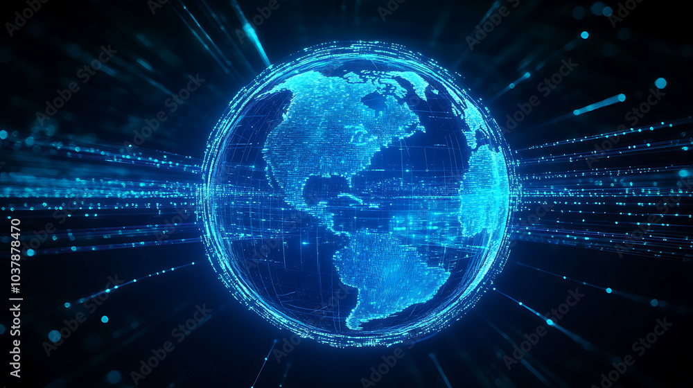 Bright blue globe hologram and lines on blurred dark background. Metaverse, digital world and network concept. created with Generative AI technology Bright blue globe hologram and lines on blurred dark background. Metaverse, digital world and network concept. created with Generative AI technology