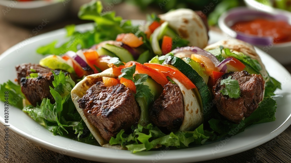 Grilled Skewers with Fresh Vegetables on Plate Grilled Skewers with Fresh Vegetables on Plate