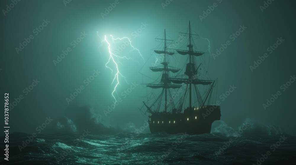 Dramatic Scene of Pirate Ship Battling Monstrous Waves in Stormy Night at Sea - Ultra-Detailed Image Capturing Crew's Struggle Dramatic Scene of Pirate Ship Battling Monstrous Waves in Stormy Night at Sea - Ultra-Detailed Image Capturing Crew's Struggle