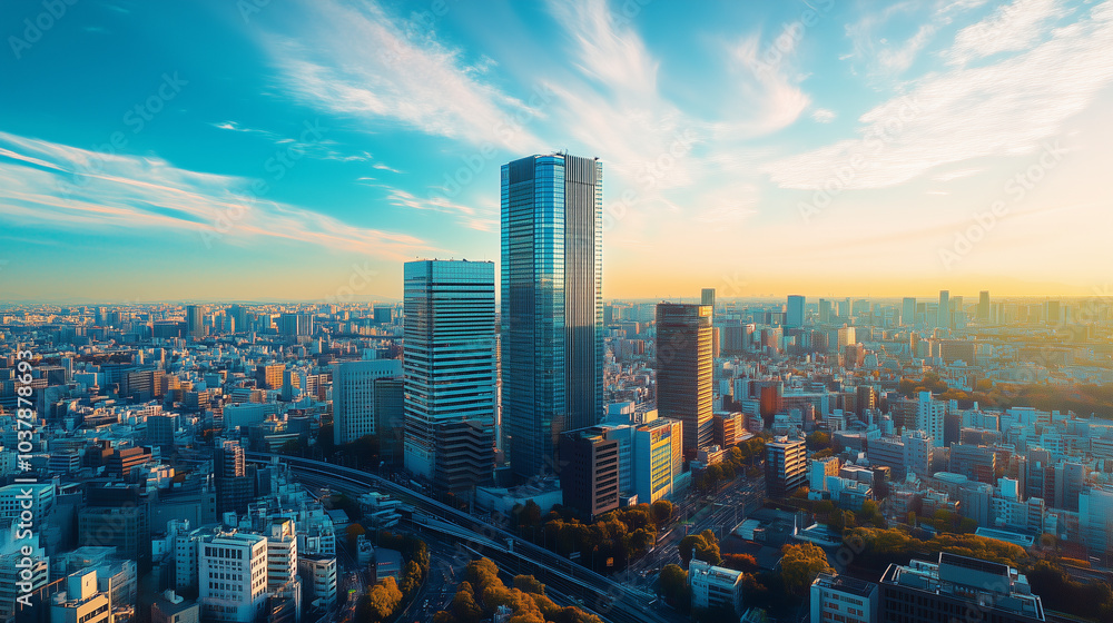Aerial View of a Modern City Skyline Under a Clear Blue Sky Aerial View of a Modern City Skyline Under a Clear Blue Sky