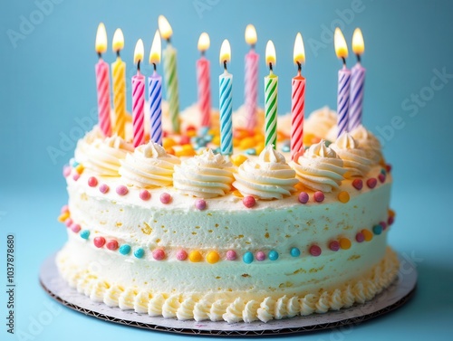 delicious birthday cake adorned with colorful candles, set against a light blue background that enhances the festive and joyful mood of celebration